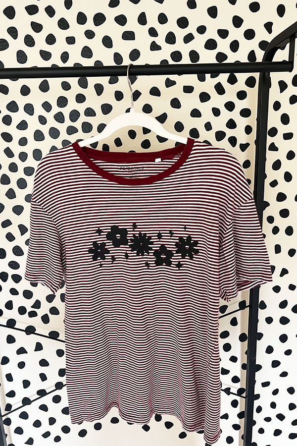 Upcycled Black Floral tee - burgundy and white striped