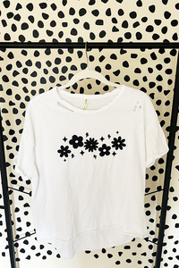 Upcycled Black Floral distressed tee - white